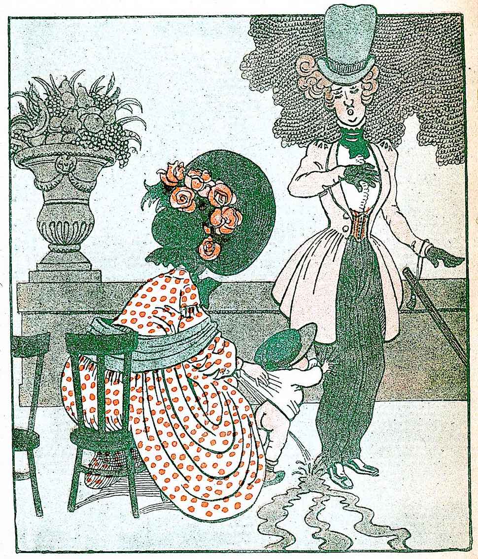 a 1906 cartoon of a baby peeing on a stranger in a park