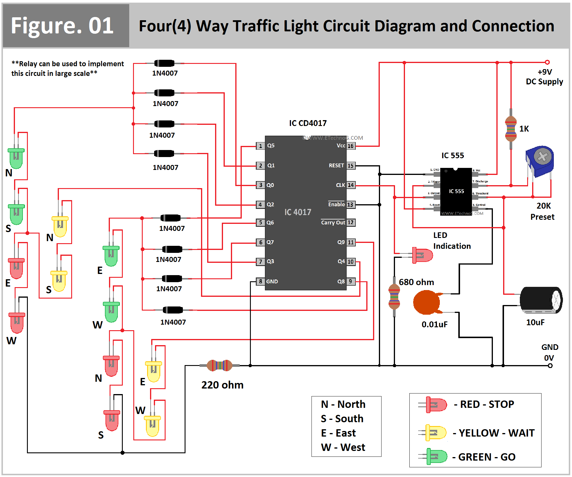 Four(4) Way Traffic Light Circuit Diagram and Connection