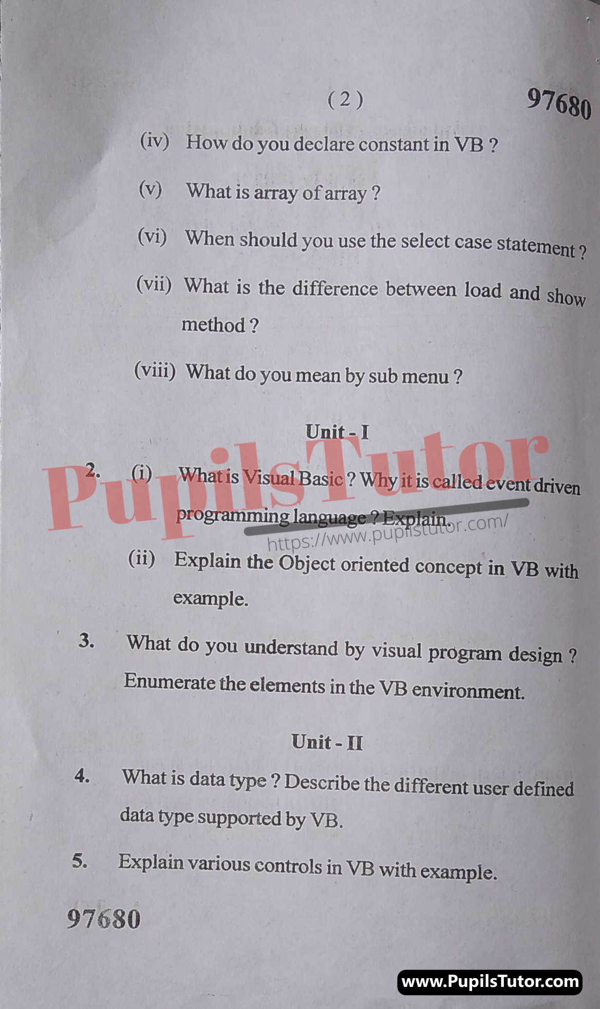 M.D. University B.C.A Visual Basics (BCA-304) 5th Semester Important Question Answer And Solution - www.pupilstutor.com (Paper Page Number 2)