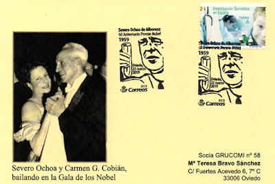 tarjeta, filatelia, matasellos, Severo Ochoa, Oviedo, Premio Nobel