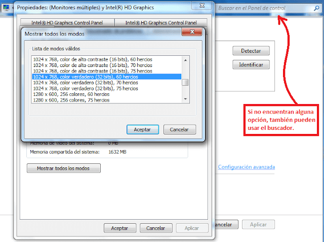 panel de control configuración modos de adaptador de video