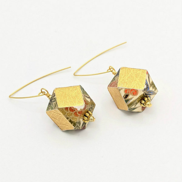 Pair of geometric wooden bead earrings with patterned chiyogami paper applied