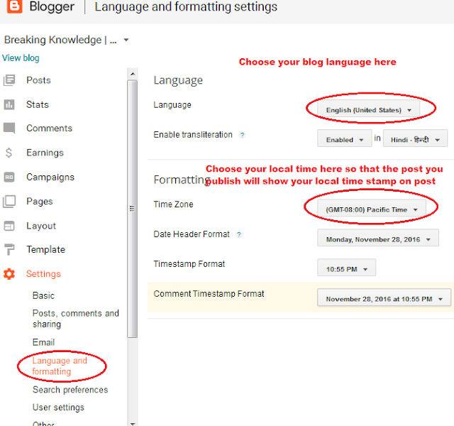 Blogger Language and Formatting Setting