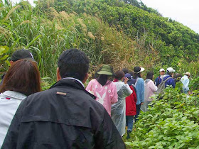 hiking down trail to cave