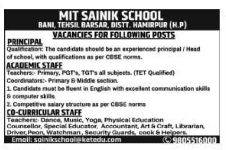 MIT Sainik school Bani Teaching & Non Teaching Staff Recruitment 2023