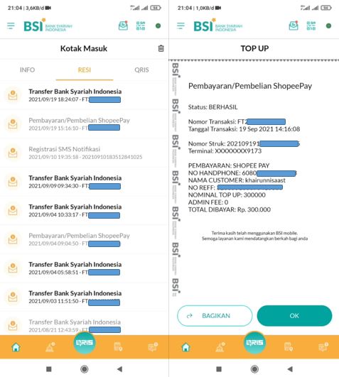 Bukti Transaksi di BSI Mobile