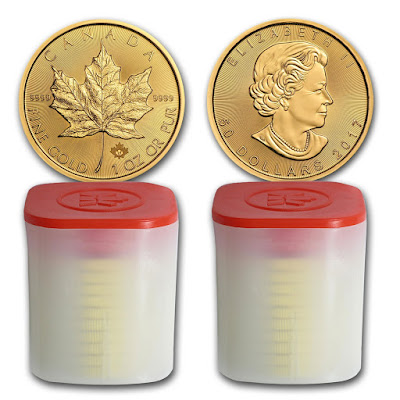 CA 2017 Canada 1 oz Gold Maple Leaf Coin BU (Lot of 20, 2 Tubes/Rolls) Brilliant Uncirculated