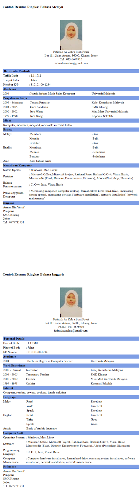 Contoh resume ringkas dalam bahasa Melayu dan bahasa Inggeris