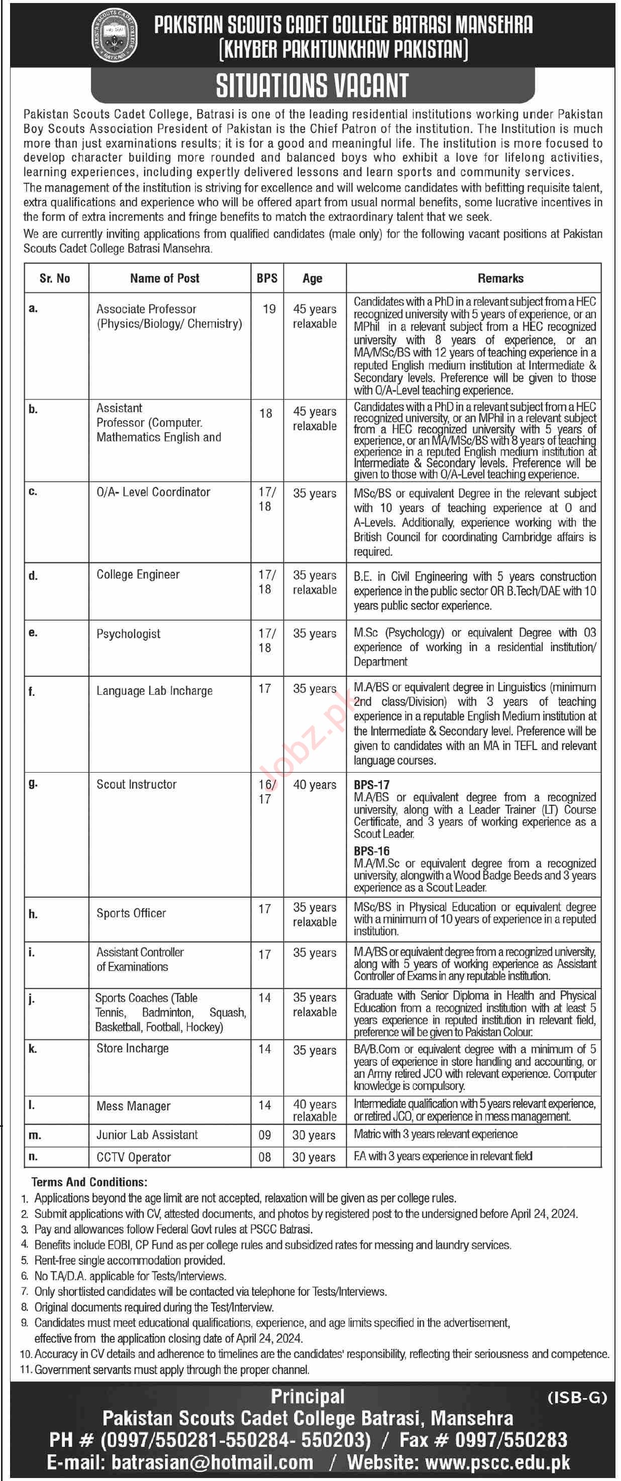 Jobs in Pakistan Scouts Cadet College