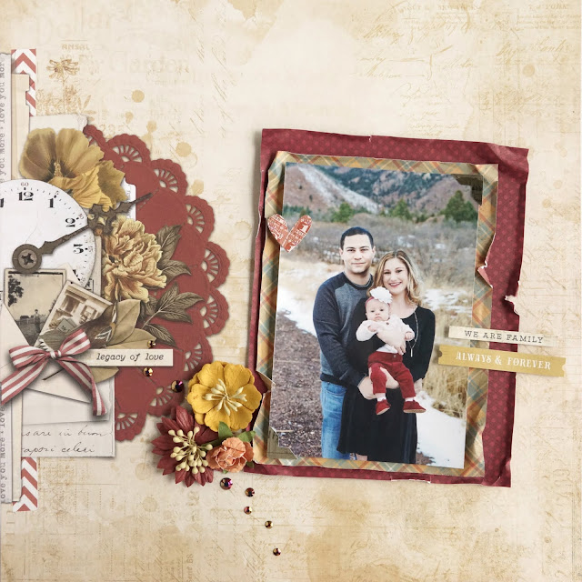 family portrait scrapbook layout; Simple Stories Simple Ancestry paper, stickers; paper flowers