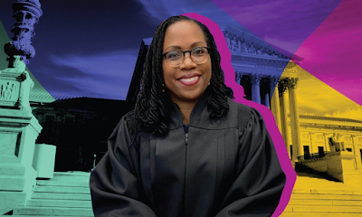 A colorful image of Judge Ketanji Brown Jackson in her judge's gown. She is in front of a courthouse, and the courthouse is divided into three sections with different colorful filters on top, making it a pale blue, a dark blue, and a bright yellow background.