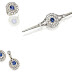Sapphire and diamond set, including ring, earrings, and bracelet.