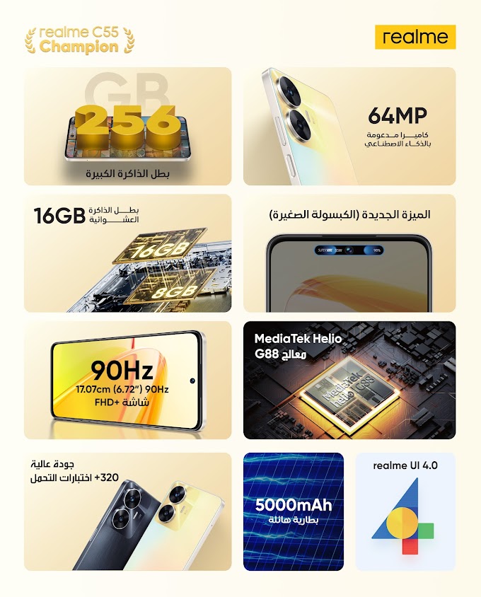 بطل الفئة realme C55 الهاتف الوحيد الذي يأتي بسعة تخزين 256 جيجابايت وكاميرا بدقة 64 ميجابيكسل بسعر 165 دولارًا في العراق