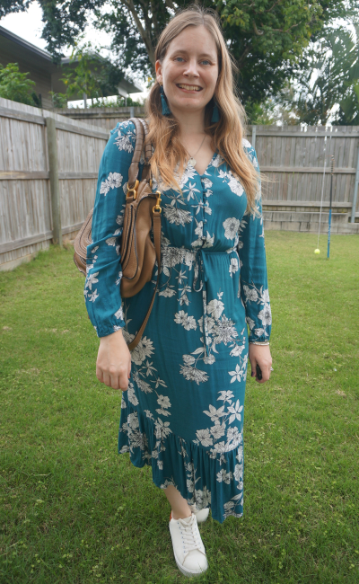 Kmart teal floral print midi dress with sneakers, tassel earrings and Chloe Marcie bag | awayfromtheblue