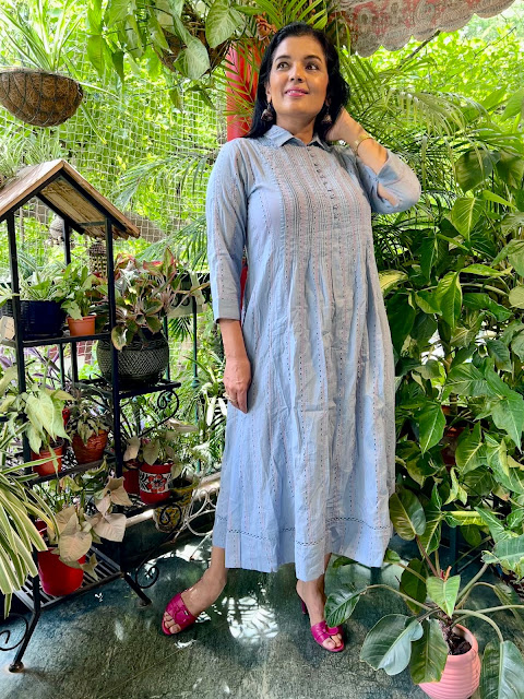 Baby blue Cotton dress with pin tucks.