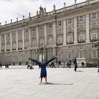 Louise doing a handstand in front of the Royal Palace in Madrid