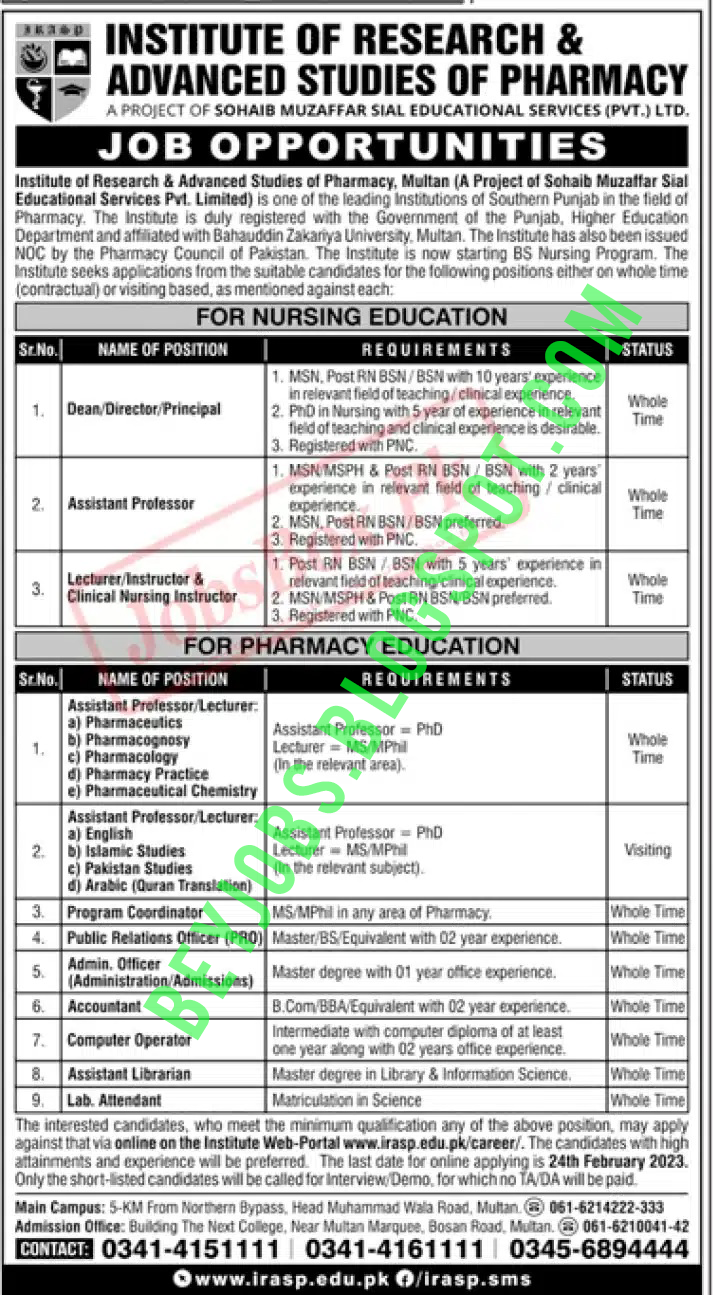 Multiple Govt Jobs were announced at the Institute of Research and Advanced Studies of Pharmacy. Apply by February 24, 2023.