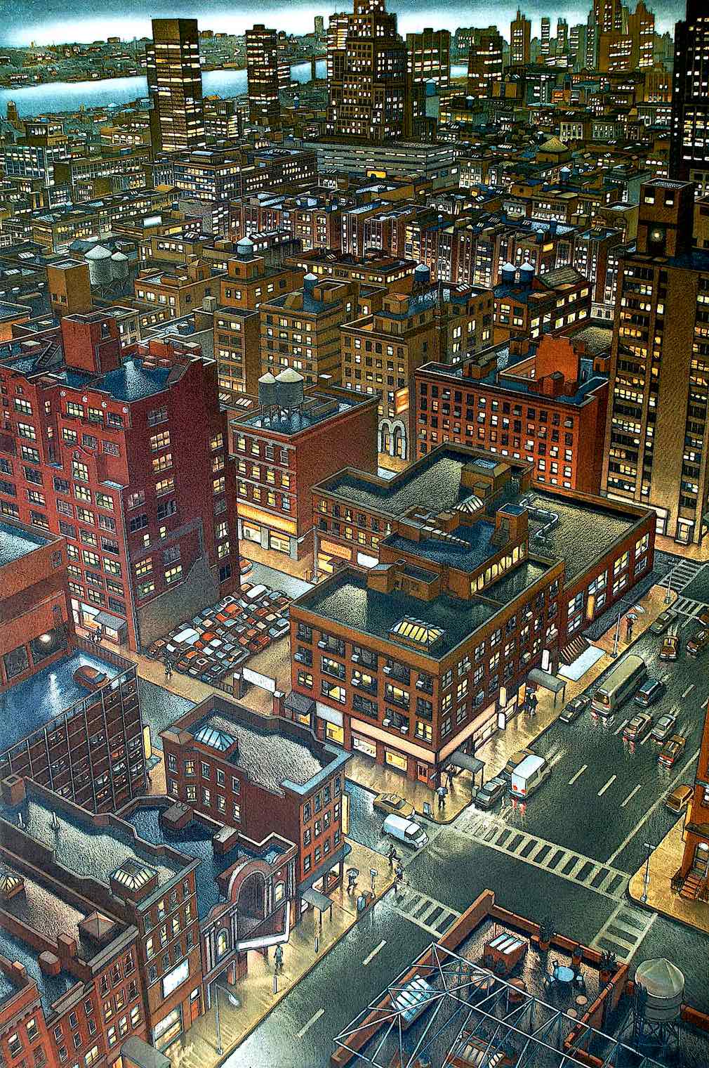 Art Werger art, a city at night from an aerial view