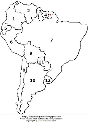 Dibujo del mapa de América del Sur enumerados para colorear o pintar. Dibujo de mapa de Jesus Gómez