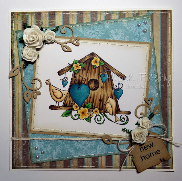 New home card featuring Bird House stamp by Hobby Art