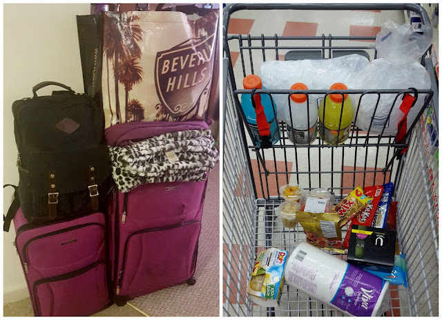 Our luggage and grocery cart with roadtrip essentials