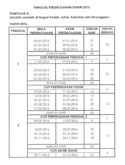 Takwim Rasmi Persekolahan 2016 - Pendidik2u