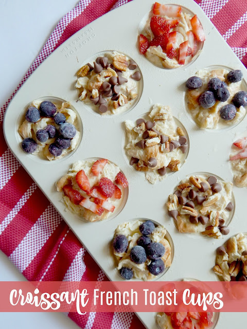 Croissant French Toast Cups...the hit at your next brunch or breakfast!  Croissants are soaked up in a delicious custard then topped with an array of toppings - blueberries, strawberries or chocolate chips and pecans. (sweetandsavoryfood.com)