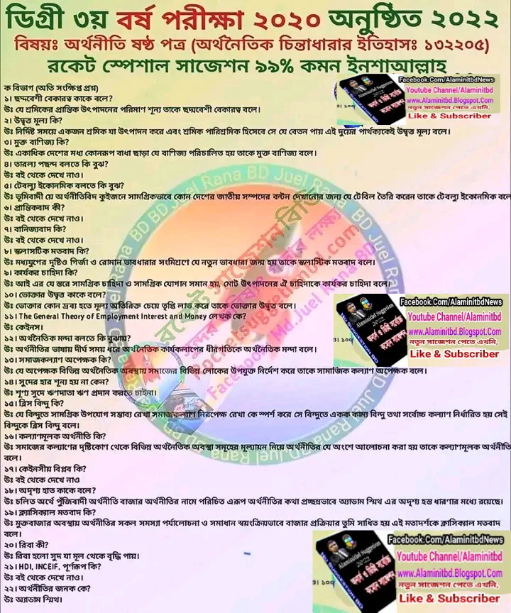 ডিগ্রি তৃতীয় বর্ষ অর্থনীতি ৬ষ্ঠ পত্র চূড়ান্ত সাজেশনDegree final year Economics 6th Paper Suggestion