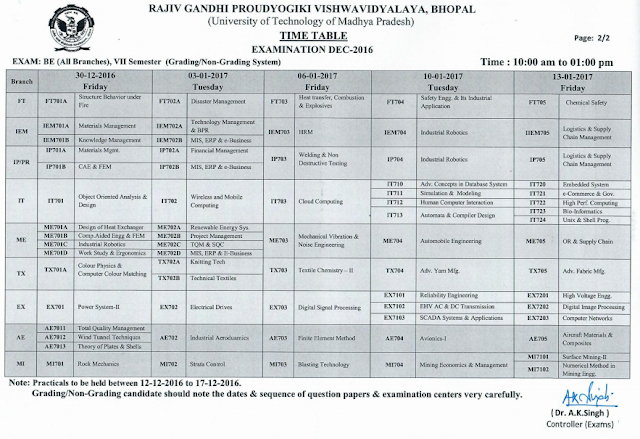 RGPV B.E 7th Semester Grading System Examination Time Table 2017