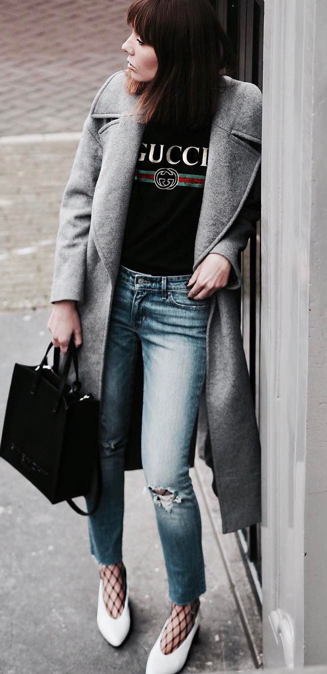 coat + top + bag + ripped jeans