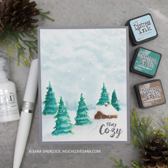 Watercolor card featuring Fun Stampers Journey Stay Cozy Stamp Set, and Distress Ink Watercoloring.