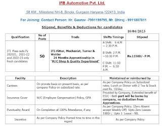 ITI Jobs Vacancies in IFB Automotive Pvt Ltd for Binola, Gurgaon Location || Campus Placement for ITI Apprentice