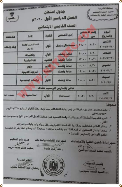 جدول إمتحانات الشهادة الابتدائية التيرم الاول 2019 محافظة الشرقية - الفصل الدراسى الثانى