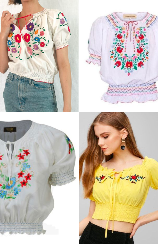 A collage of shirred tops and dresses featured floral embroidery colours