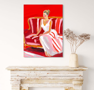 Abstract woman portrait in cherry red, minimalist art piece with smooth curves and striking lines, perfect for modern wall art lovers.