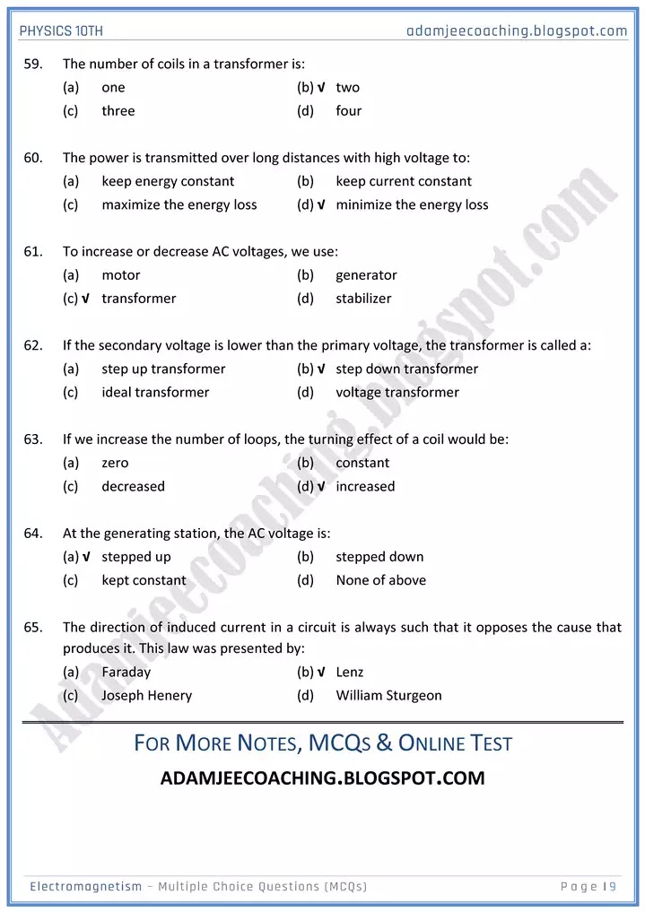 electromagnetism-mcqs-physics-10th