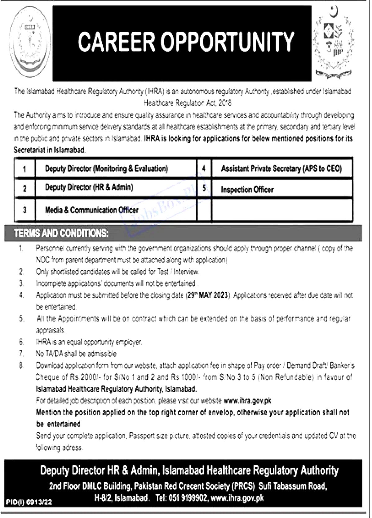 Islamabad Healthcare Regulatory Authority IHRA Jobs May 2023