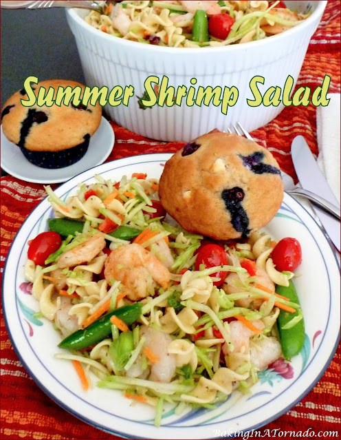 Summer Shrimp Salad: packed with shrimp and crunchy vegetables, this cold salad is a refreshing meal for a hot summer day. | recipe developed by www.BakingInATornado.com | #recipe #dinner