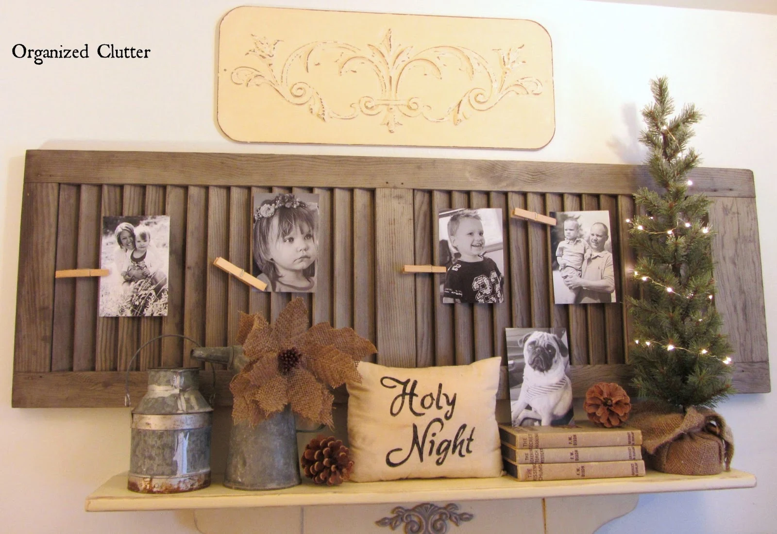 Shutter Photo Holder & Re-purposed Dresser Mirror Shelf www.organizedclutterqueen.blogspot.com