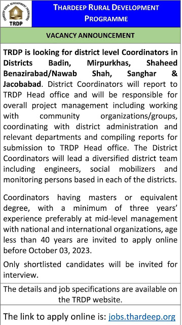 TRDP NGO Jobs In Sindh