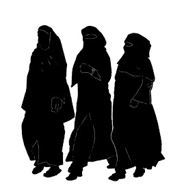 silhouettes of three women in burqas