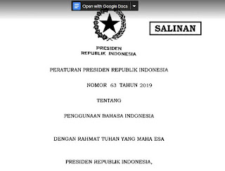 Perpres Nomor 63 Tahun 2019 Tentang Penggunaan Bahasa Indonesia