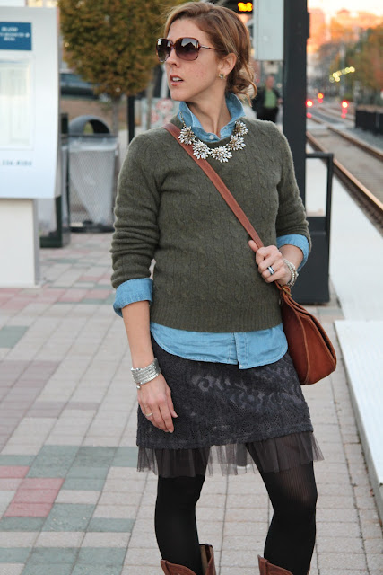 Ralph Lauren Sweater from summerbird, Skirt from The Boulevard at South End, Forever 21 Shirt, Coach Bag, J. Crew Necklace, tights, bracelet, Charlie 1 Horse boots, Blinde Sunglasses, JewelMint Earrings