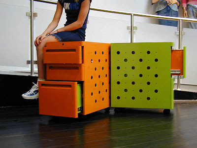 green and orange 2-drawer metal file cabinets