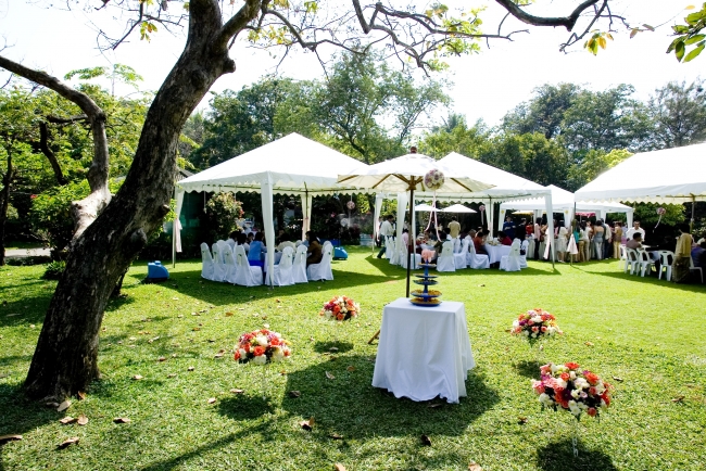 Instead of marquees here simple gazebo's have been used to keep guests 