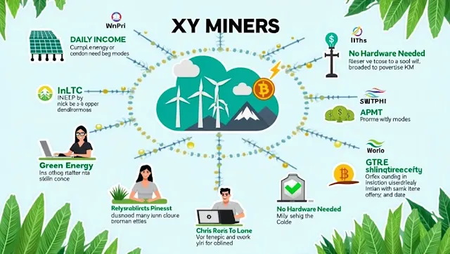 Illustration of a young Indian user on a laptop with a background of solar panels and wind turbines, symbolizing cloud crypto mining with passive income powered by green energy