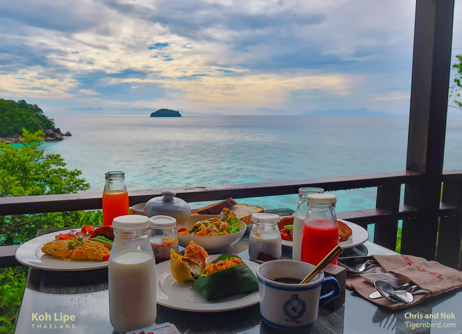 Breakfast spread at villa above azure waters of Andaman Sea at Koh Lipe