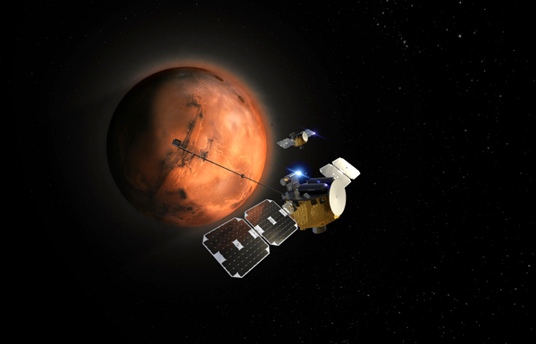 An artist's concept of two Photon spacecraft, which make up the ESCAPADE mission, flying towards Mars.