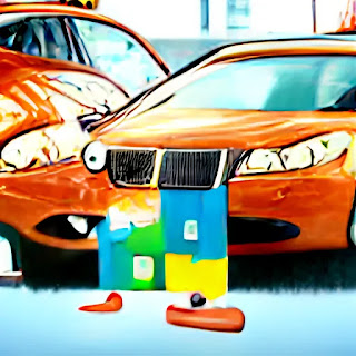 Car Dealer Fuzzy Math where you see animation style of two orange cars sorted of crashed into the other one