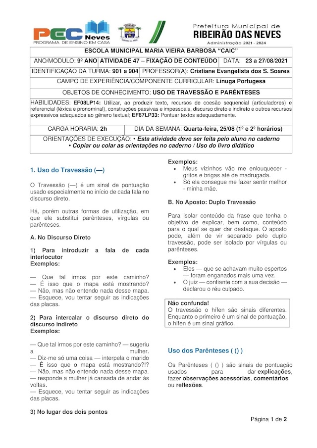 LÍNGUA PORTUGUESA - PROFª. CRISTIANE EVANGELISTA - ATIVIDADE 47 - INTRODUÇÃO DE CONTEÚDO - 901 a 904 (23/08 a 27/08/2021)